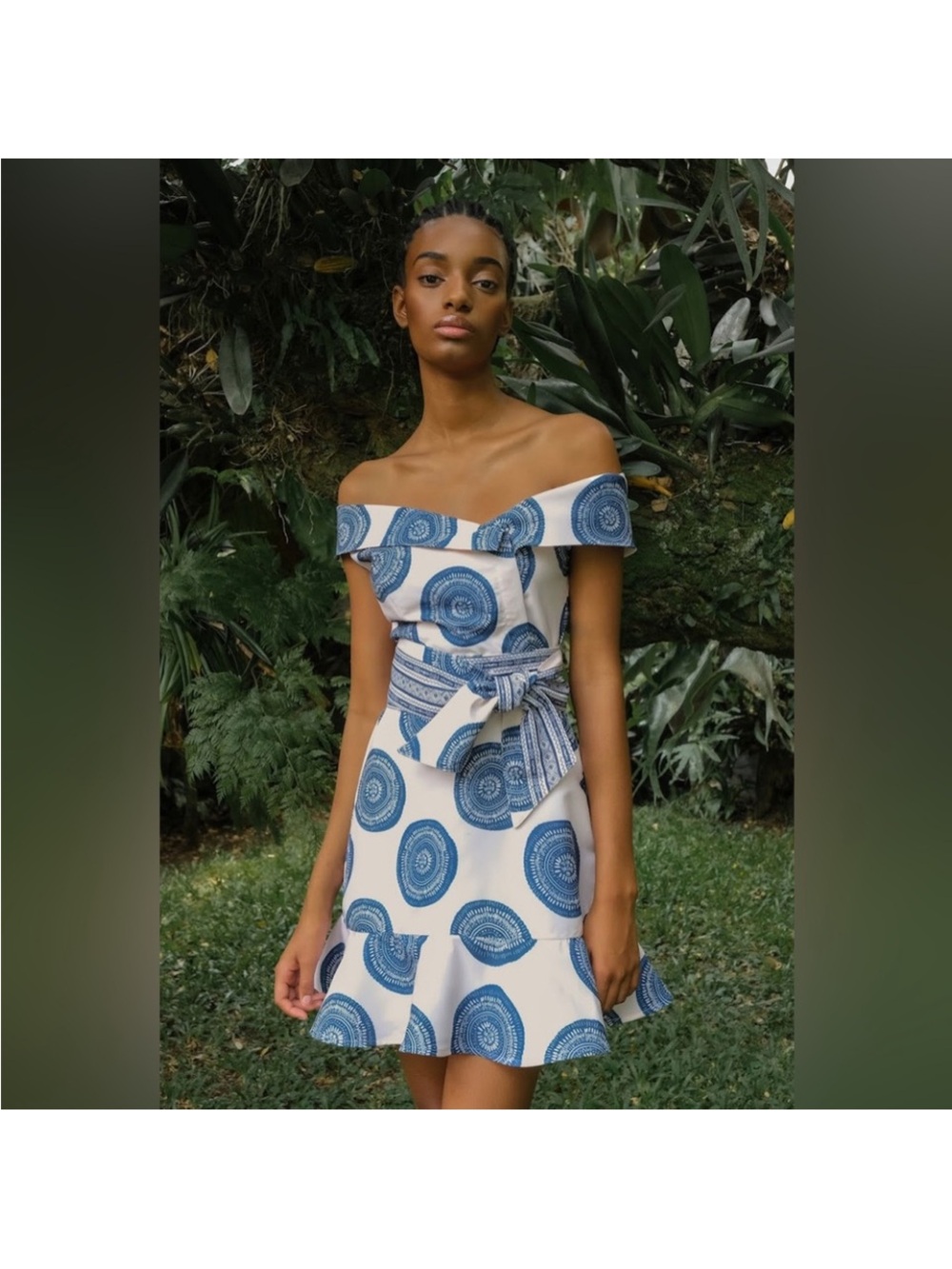 NWT Andres Otalora Blue White Los Monos Off Shoulder Mini Dress, Size 4 - Picture 2 of 8